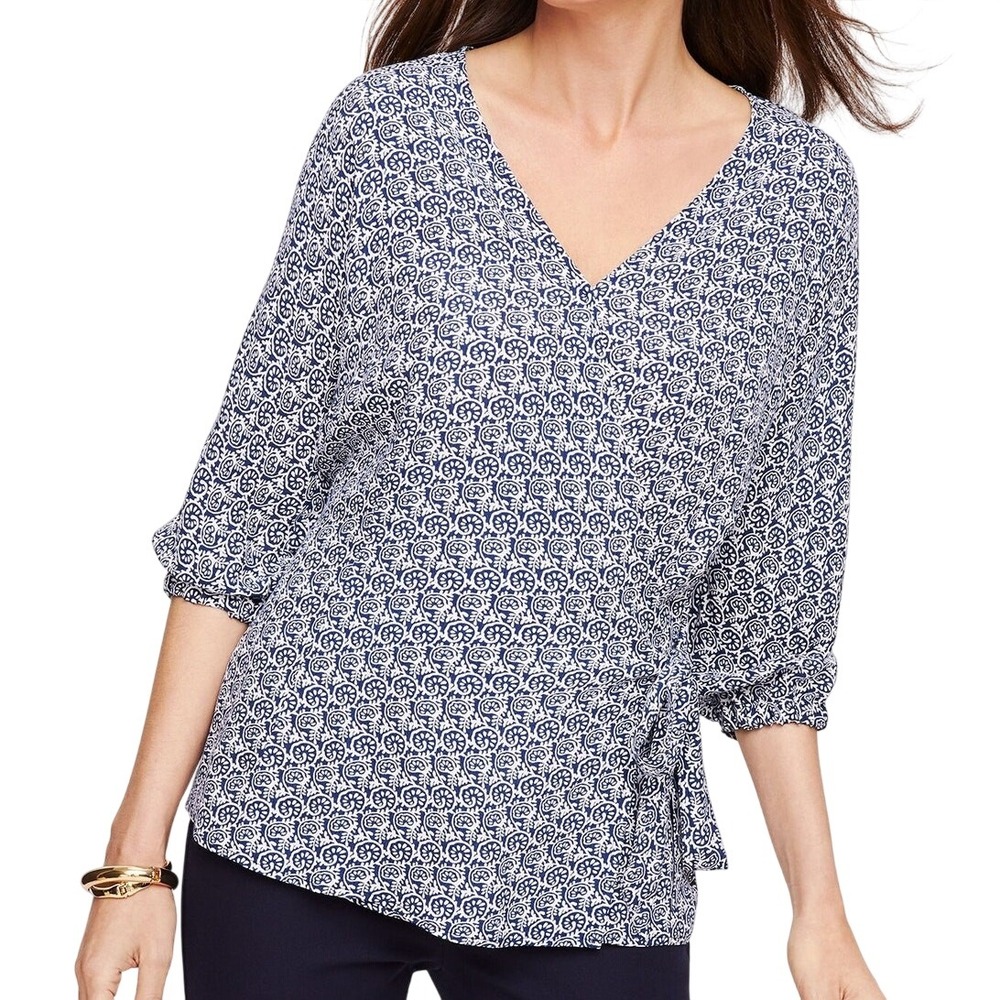 Talbots Faux Wrap Blouse Sz XL Navy White Floral Flowy Tie Side Beachy Batwing